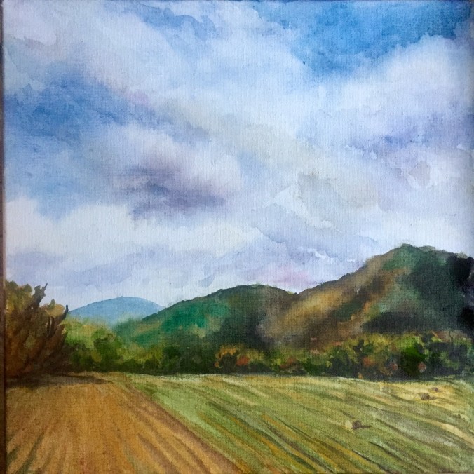 Peaking, Watercolor on canvas, 12x12, $70